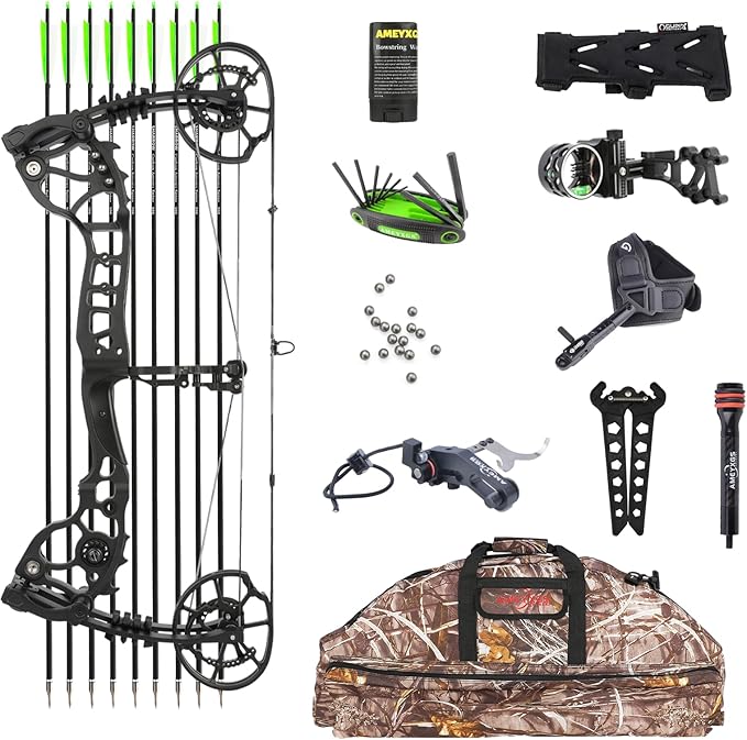 Archery Compound Bow Hunting Set 20-70lbs Adjustable Pull 320fps Speed with 5 Pin Sights and 9 Carbon Arrows for Teens and Adults Target Practice Outdoor Hunting Full Set of Accessories