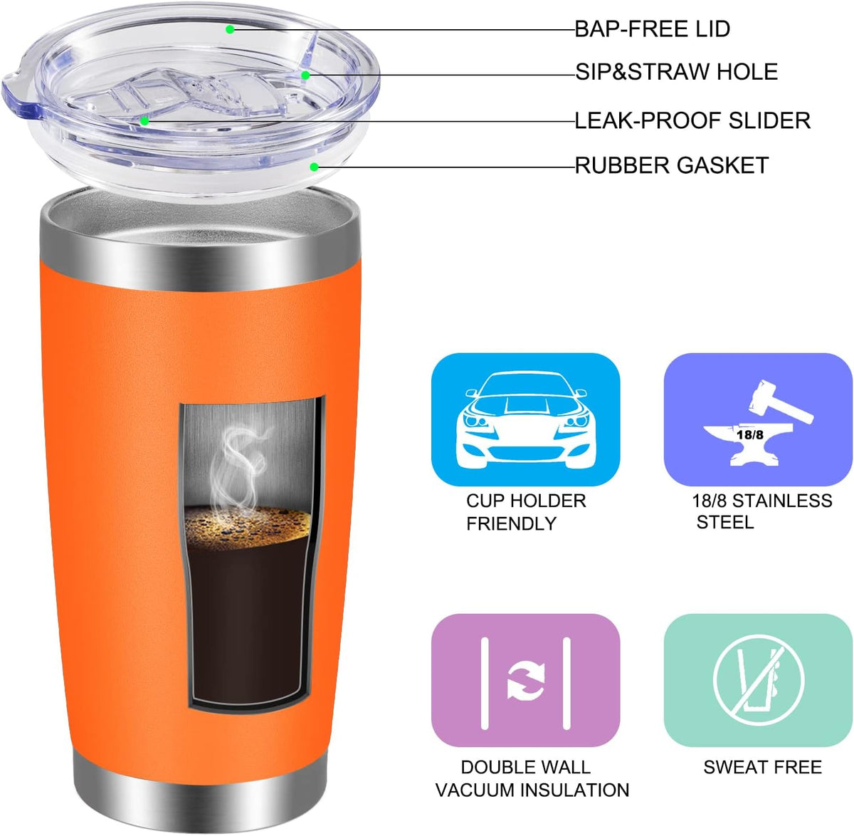 VEGOND 20oz Tumbler with Lid and Straw Stainless Steel Tumbler Cup Bulk Vacuum Insulated Double Wall Travel Coffee Mug Powder Coated Coffee Cup(Orange 6 Pack)