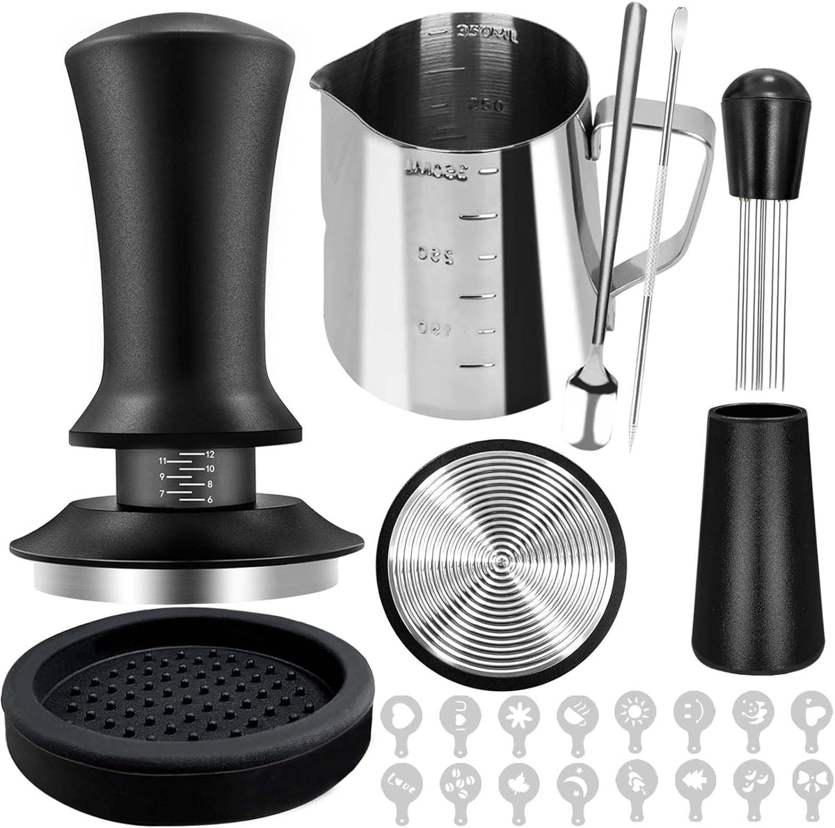 22 PCS Coffee Tamper Set, Espresso Accessories Barista Kit, with 51mm Espresso Tamper, WDT Tool, Frothing Pitcher(350 ml), Latte Art Pen, Coffee Stirrer, Tamper Mat, 16 Coffee Stencils