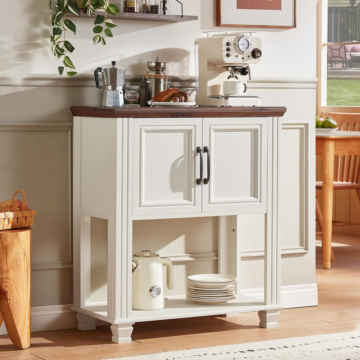 Farmhouse Coffee Bar Station with 2-Door Cabinet, Small Kitchen Cabinet with Open Lower Shelf, Entryway Table with Storage for Dining Room, Kitchen, Hallway, Living Room, White