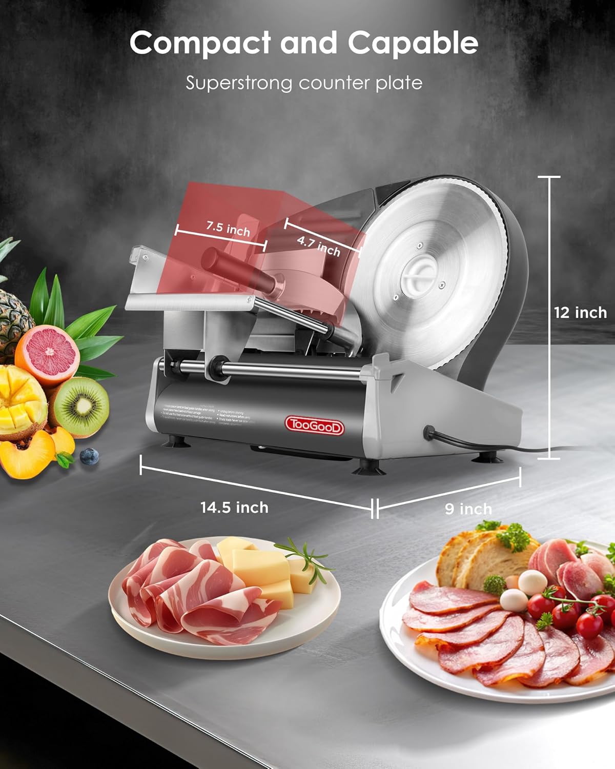 TOOGOOD 8.7" Meat Slicer, Electric Food Slicer Machine with Removable Stainless Steel Blade, Deli Food Slicer for Home Use, Slicing Frozen Meat,Hard Cheese, Ham and Deli, Black