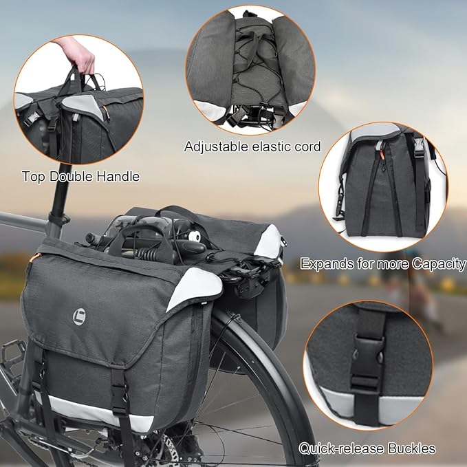 Bike Panniers, Waterproof Panniers Bike Bags for Rear Rack 25L-35L Expandable – Large Bicycle Saddle Bag with Reflective Strips, Double Panniers Storage Cargo Bag for Cycling Traveling Commuting