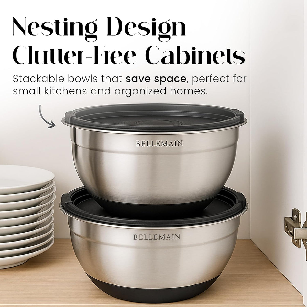 Bellemain Mixing Bowls with Lids Set - Stainless Steel Mixing Bowls with Airtight Lids - Food Storage Containers - 3PCS Set with Non-Slip Bottoms Kitchen Essentials for Baking - Serving