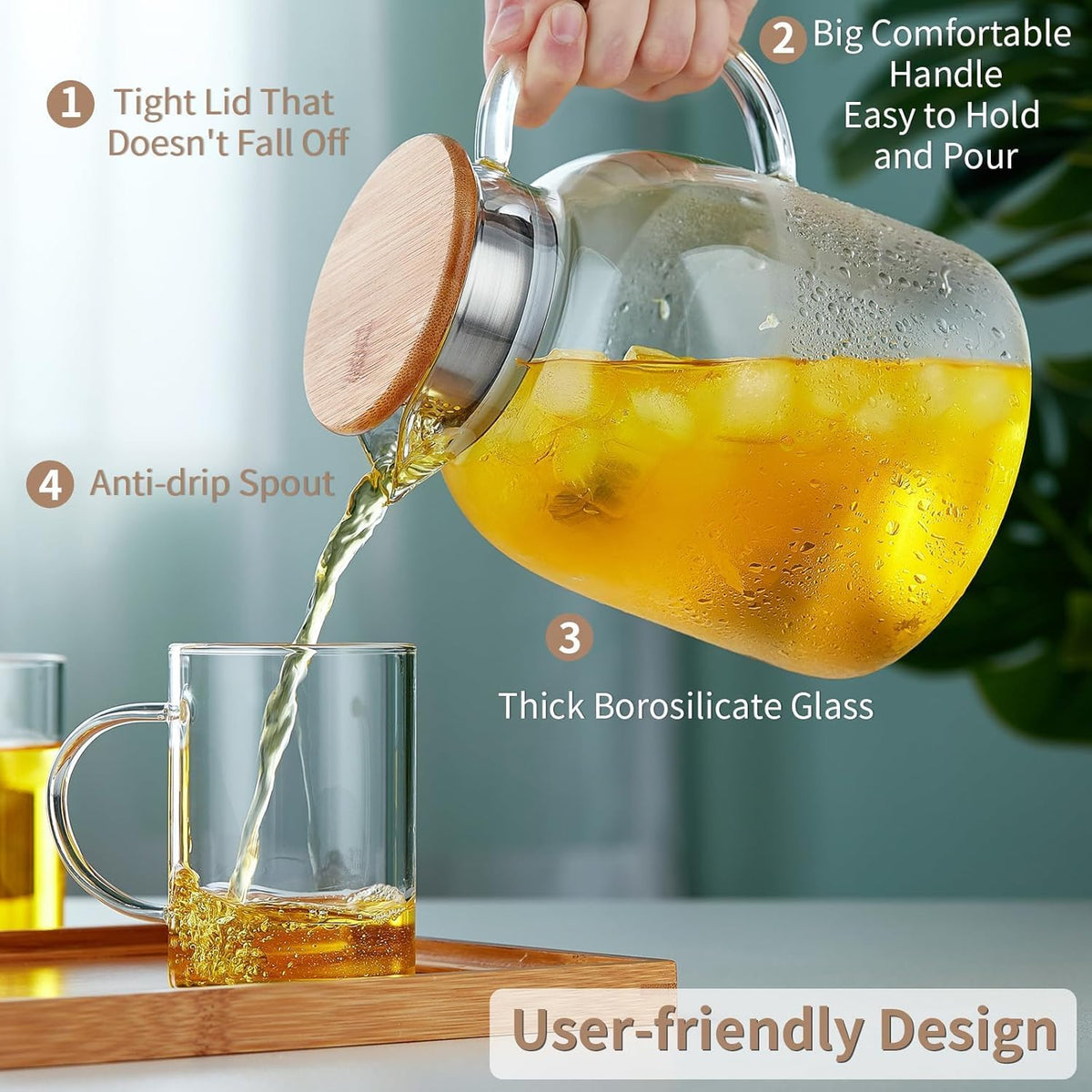 54OZ Glass Pitcher with Lid and Spout, Water Jug, Glass Carafe Water Pitcher for Hot/Cold Beverage, 1600ml for Tea, Juice, Coffee, Milk