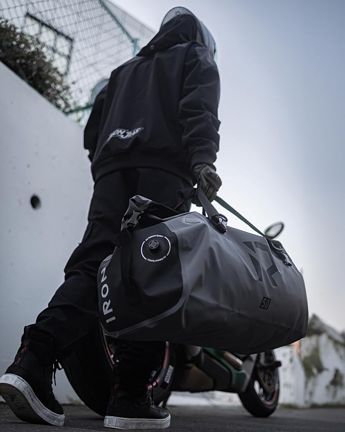 BORLENI Waterproof Motorcycle Dry Duffel Bag Luggage Tail Bag with Large Storage Space,Roll Top Closure, Shoulder Straps, Inner Pocket and Mesh Pocket for Motorcycling Travel Camping (Grey,70L)