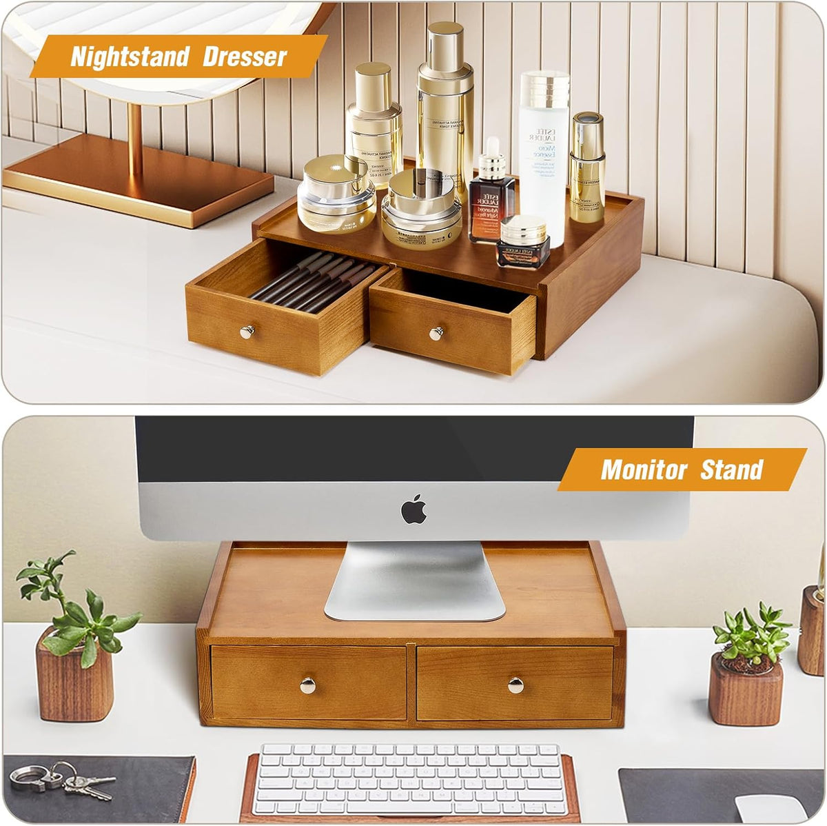 15.8"L X 11.8"W X 4"H Wooden K cup Storage, Keurig Stand With Storage, Coffee Pod Holder Organizer, Desktop Kitchen Storage with 2 Drawers, 30/40/60 Pod Capacity, Natural