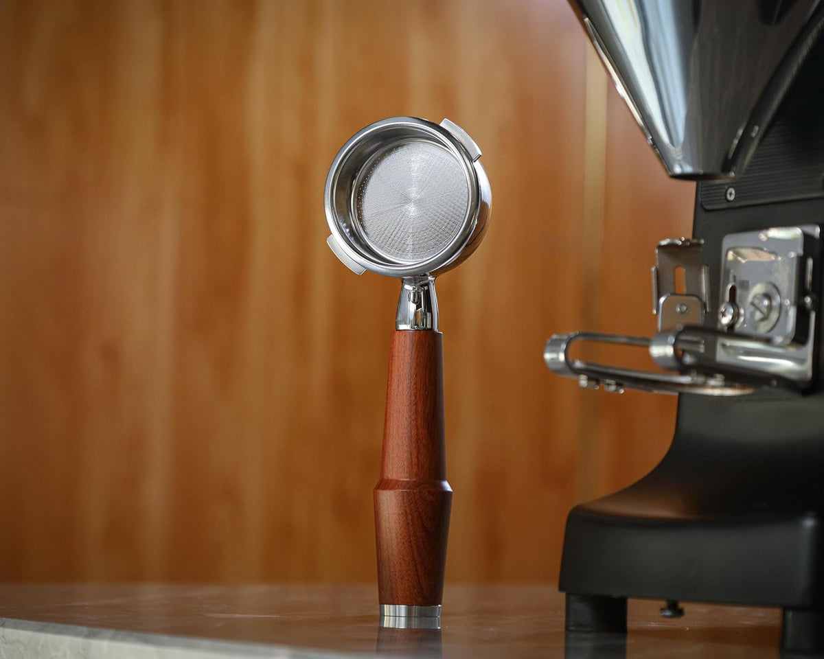 58mm Gaggia Espresso Accessories Kit –Rosewood Naked Portafilter, Auto-Level Espresso Press, Ground Distribution Tool, Wooden Barista Holder & Coffee Puck Knock Bin