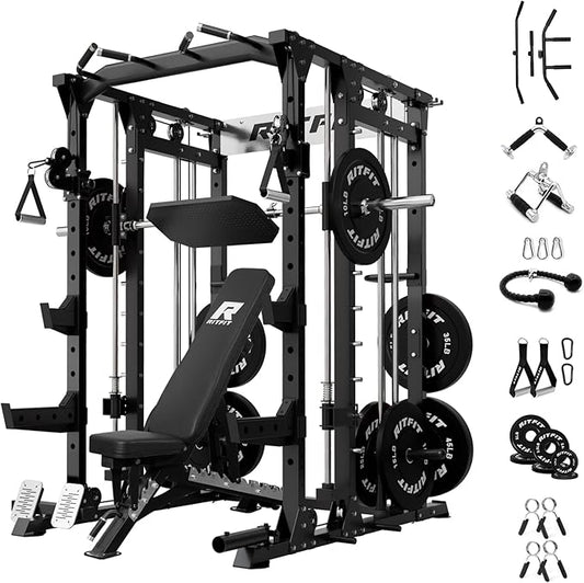 RitFit Smith Machine Power Cage with LAT Pulldown & Cable Crossover, All-in-One Power Rack Home Gym System with Leg Press Attachment & Accessories