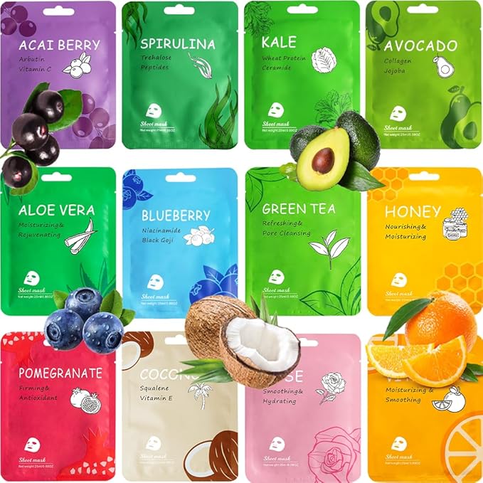 12 Pack Collagen Face Masks Skincare Bulk,Hydrating Spa Face Mask for Sensitive Skin,Sheet Mask for Skin Care, Facial Mask Sets Gifts for Women/Teen Girls/Kids