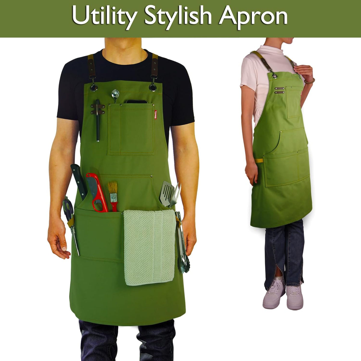 10 Pack Kitchen Aprons, Work Apron, Canvas, Multiple Pockets, Gardening, Painting, BBQ, Artist, Carpenter, Sizes M to XXL, Olive