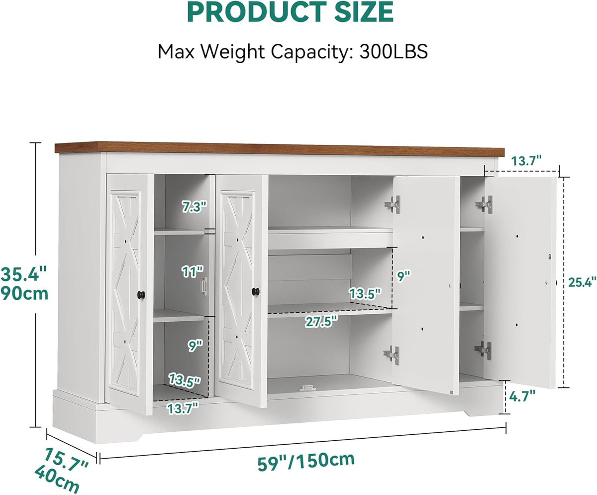YITAHOME Sideboard Buffet Cabinet with Storage, 59" Buffet Storage with 4 Doors, Modern Farmhouse Coffee Bar Station Wood Kitchen Table with Adjustable Shelves for Kitchen, Living Room (White)