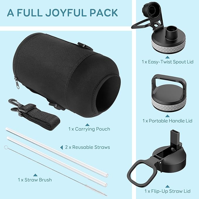 Coolflask Water Bottle 87 oz with Straw, 2/3 Gallon Insulated Stainless Steel Large 3 Lids Big Water Jug for Sports or Office, Non-BPA Keep Cold Up to 48 Hrs or Hot Up to 24 Hrs, Samurai Cyan