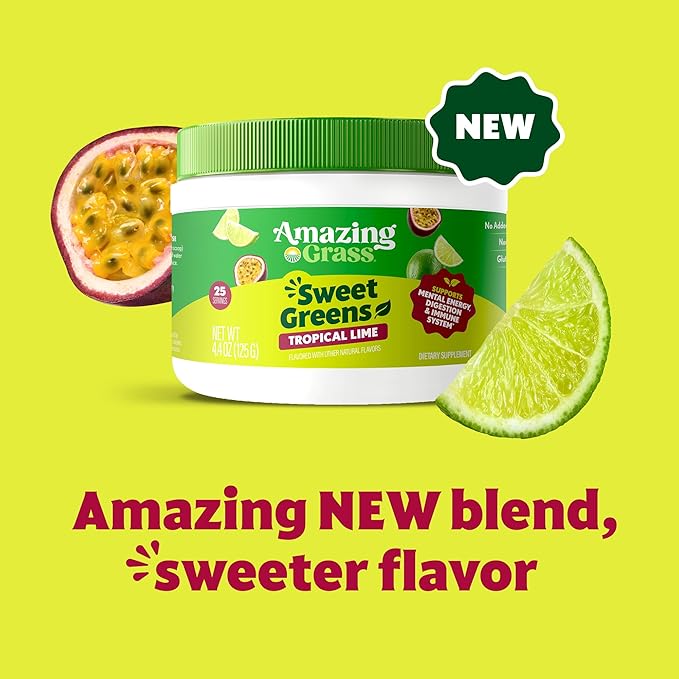 Amazing Grass Sweet Greens and Superfoods Powder for Digestive Health, Greens Powder, Digestive Enzymes, Probiotics, Spirulina, Chlorella, Tropical Lime, 30 Servings