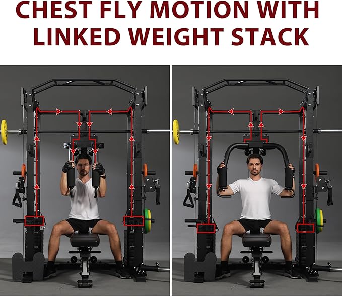 Smith Machine with Chest Fly & Leg Press, All-in-One Home Gym Power Cage with Weight Stack, Bench and Full Accessory Kit for Total Body Strength Training for Beginners