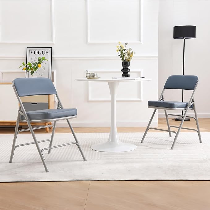 BOOSDEN Folding Chair, Foldable Chair, Faux Leather Fold Up Chair for Home, Office, Dining, Portable and Compact Metal Frame Folding Seat, Thickened Padded Fold Out Chair Indoor & Outdoor, Blue