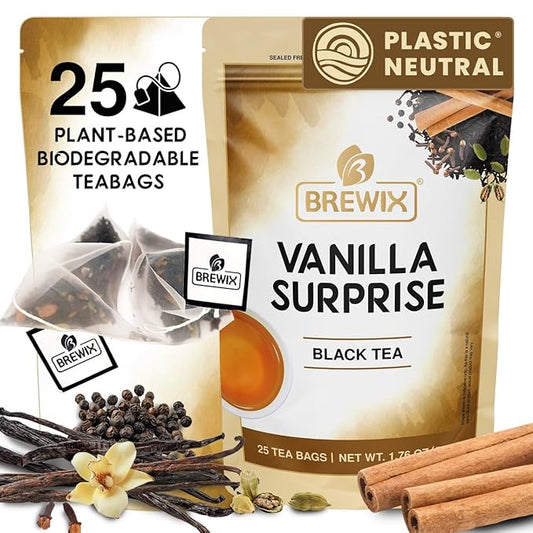 BREWIX, Vanilla Spiced Chai Tea (25 Pyramid Tea Bags) | High Caffeine, Gluten Free | Blend Of Vanilla & Masala Chai Tea | Black Tea with Cinnamon, Black Pepper, Cardamom and Clove | Energy & Focus Tea