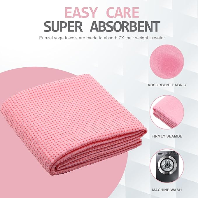 Eunzel Yoga Towel,Hot Yoga Mat Towel with Grip Dots Sweat Absorbent Non-Slip for Hot Yoga, Pilates and Workout 24" x72", Pink