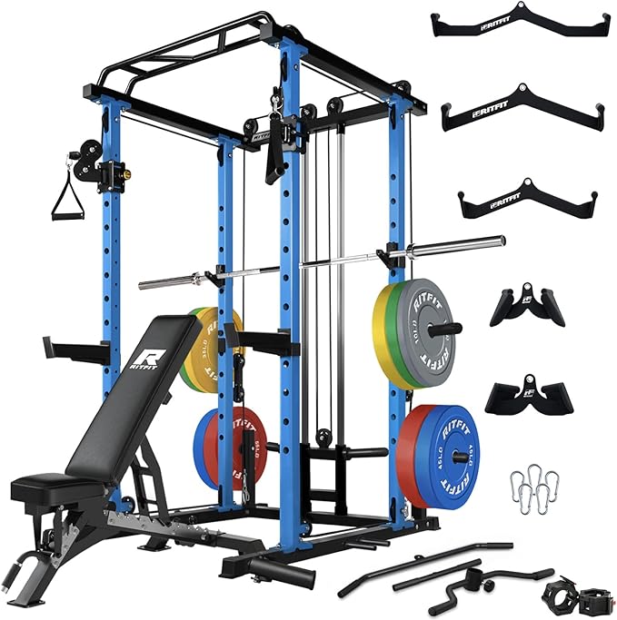 RitFit Multi-Function Squat Rack Power Cage PPC03 with Cable Crossover System, 1000LBS Capacity Power Rack and Packages with Optional Weight Bench, Barbell Weight Set, for Garage Workout & Home Gym