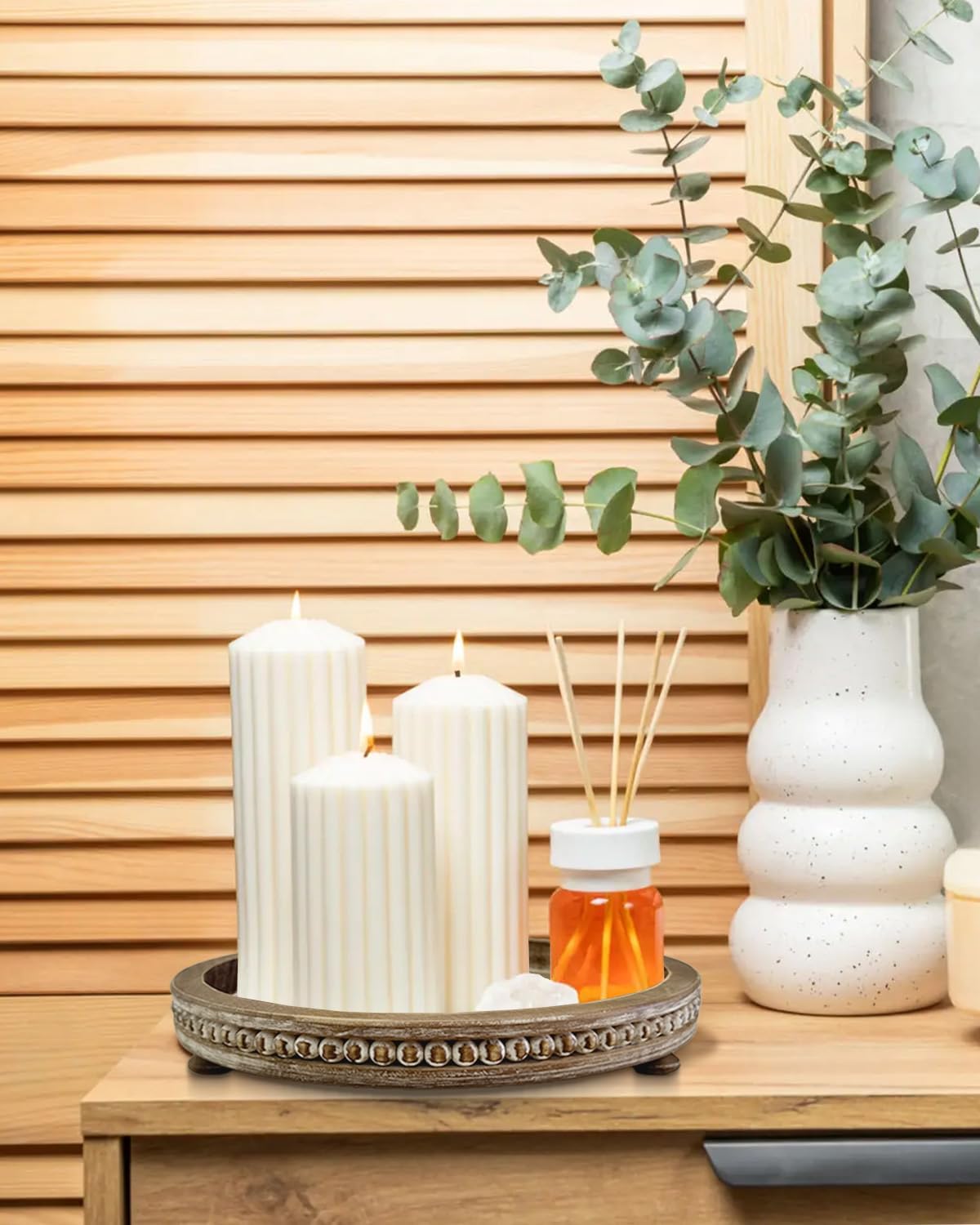 12 Inches Rustic Wooden Decorative Tray, Small Round Beaded Wood Tray for Kitchen Dinning Table Centerpiece Decor Entryway Living Room Home Decor, Brown