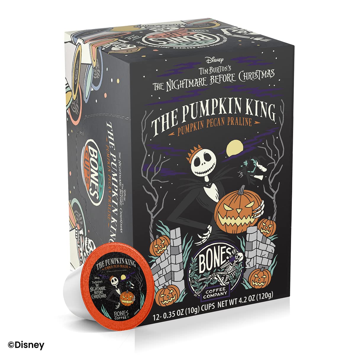 Bones Coffee Company Pumpkin King, Pumpkin Pecan Praline Flavored Coffee Pods, Low Acid Medium Roast Single-Serve Bones Cups for K-Cups Coffee Maker from The Nightmare Before Christmas, 12 Count