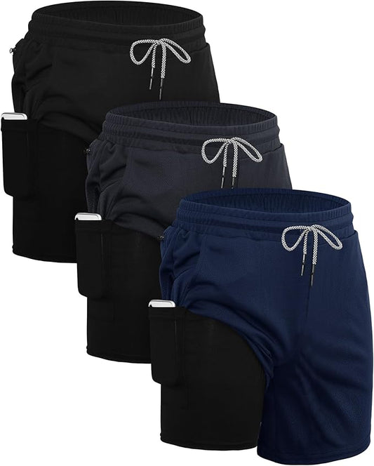 Sureio 3 Pcs Men's 2 in 1 Running Shorts 7 Inch Quick Dry Athletic Workout Shorts with Liner Phone Pockets Towel Loop