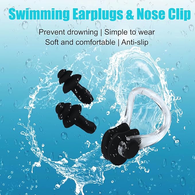 2 Pack Unisex Swim Caps with 3D Ear Protection, Durable Flexible Silicone Swimming Hats for Women Men Kids Adults, Bathing Swimming Caps for Short/Long Hair with Ear Plugs&Nose Clip