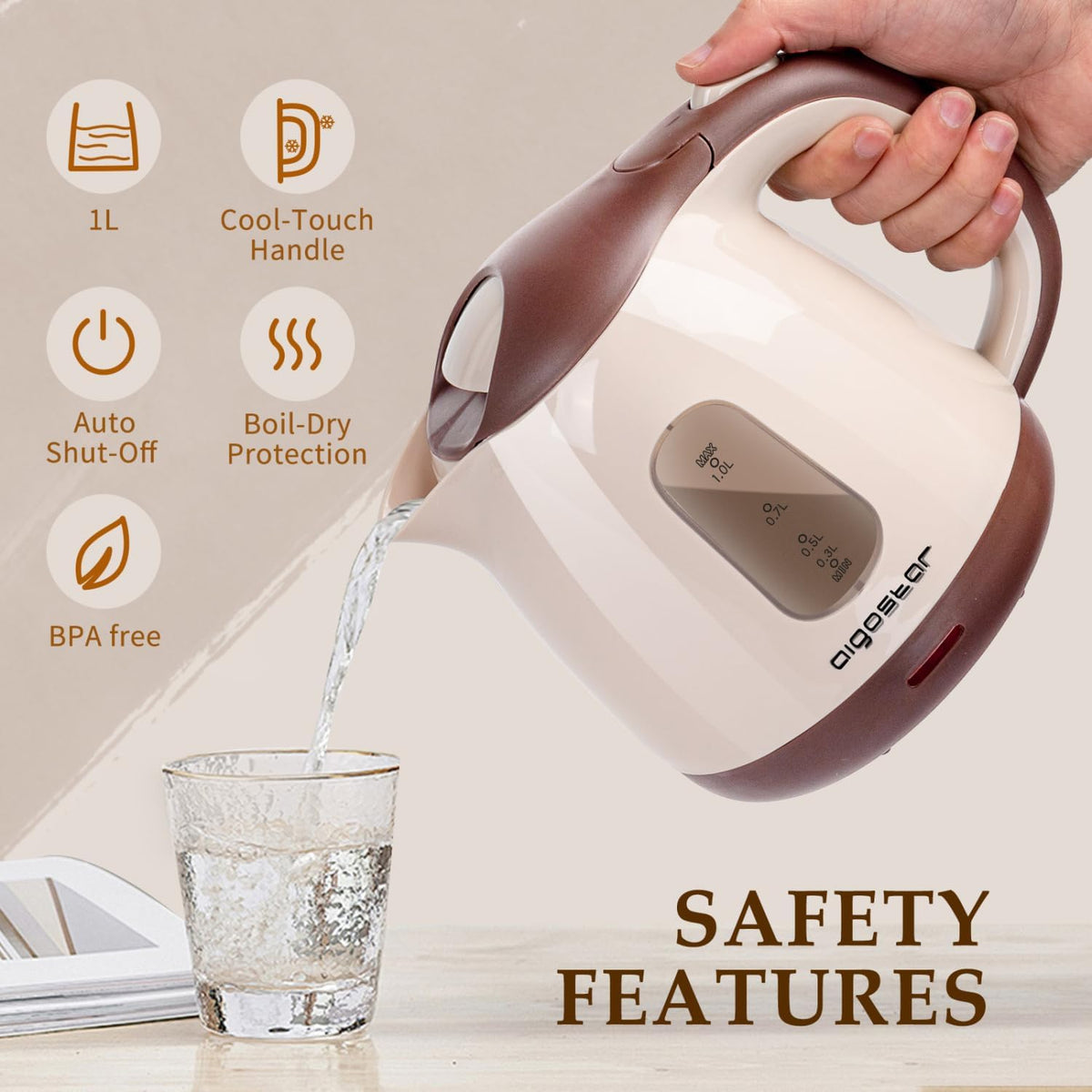 Aigostar Small Electric Kettle, 1L Portable Electric Tea Kettle 1100W with Automatic Shut-Off and Boil Dry Protection, Travel Hot Water Boiler Cordless for Making Coffee and Tea, BPA-Free, Brown