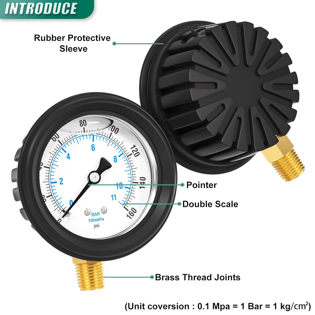 0-160PSI Stainless Steel Liquid Filled Pressure Gauge, 2.5" Dial Size, 1/4" NPT Lower Mount, with Rubber Protective Sleeve, for Tube, Water Pump, Gas, Liquid, Pressure Test