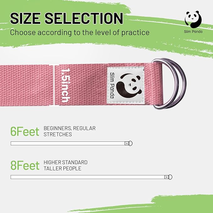 Slim Panda Yoga Strap for Stretching,Cotton Yoga Strap with Adjustable D-Ring Buckle,Non-Elastic Yoga Belt for Pilates,Gym Workouts,Physical Therapy,Improve Flexibility
