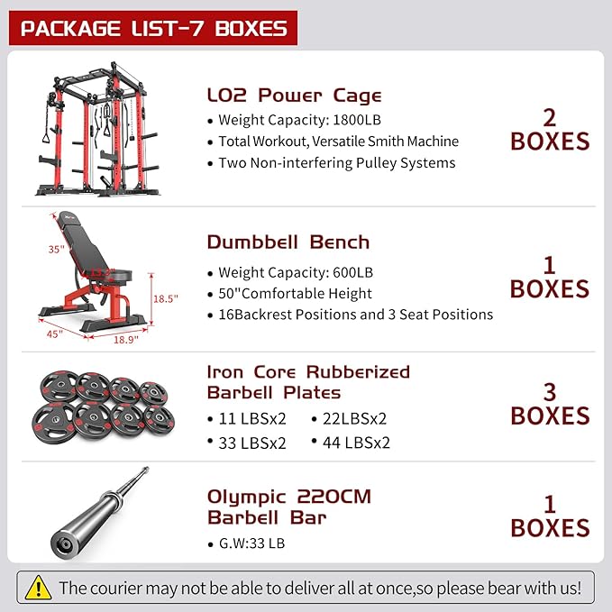 Power Cages Multi-Purpose Squat Rack with Cable Crossover System, Matching Weight Bench, Olympic Barbell Weight Set for Garage and Home Gyms