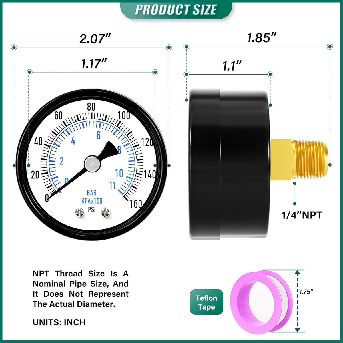 0-160psi Well Pump Pressure Gauge 1/4" NPT 2" Face Dial Size Back Mount, Multifunctional Practical Dry Pressure Gauge, for Water, Oil and Air Compressor