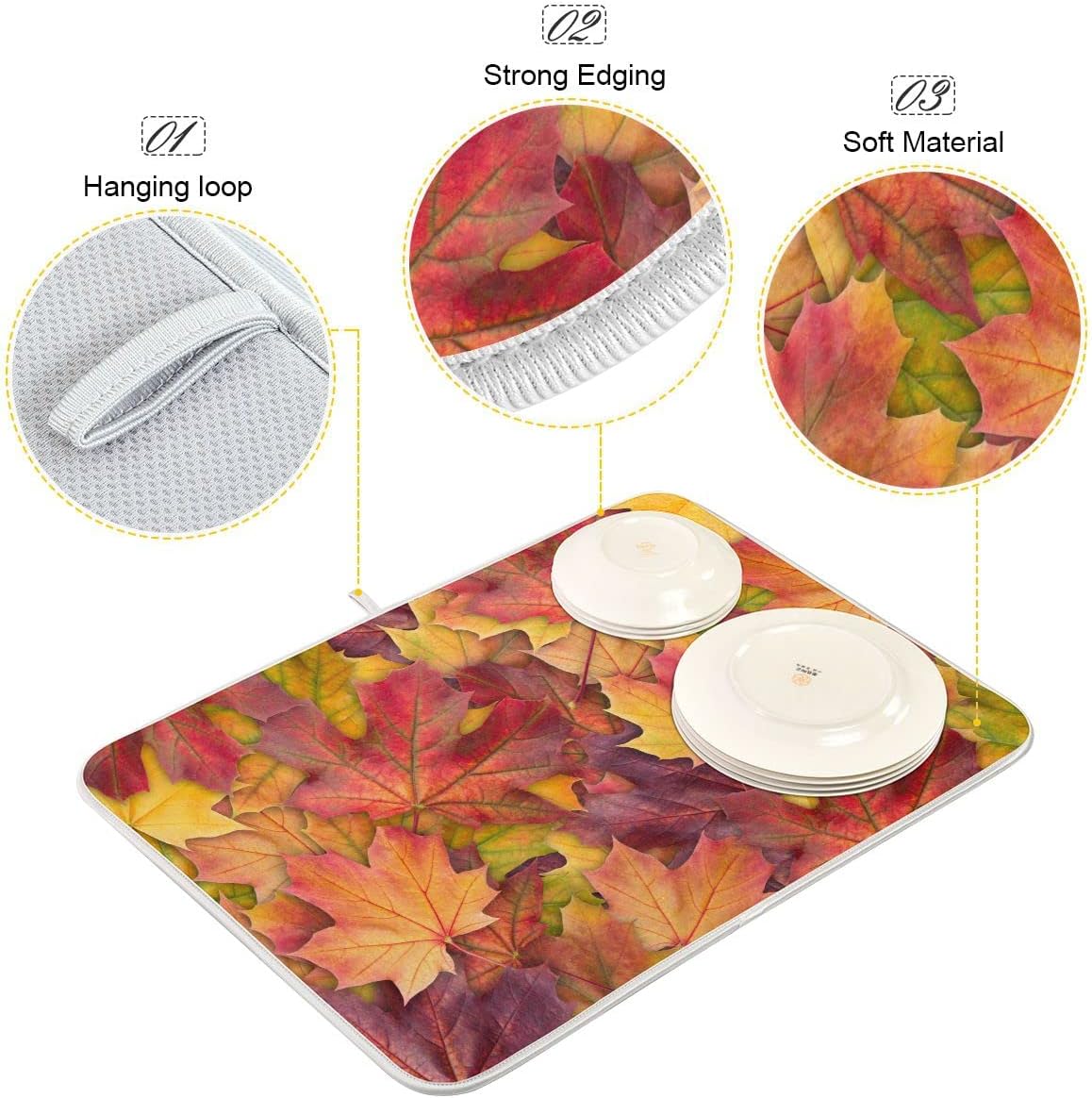 Colorful Autumn Maple Leaves Dish Drying Mat for Kitchen Counter Fall Drying Mat 18 x 24 Inch with Absorbent Reversible Microfiber Dish Drying Pad Dish Rack Drainer Mats for Coffee Bar