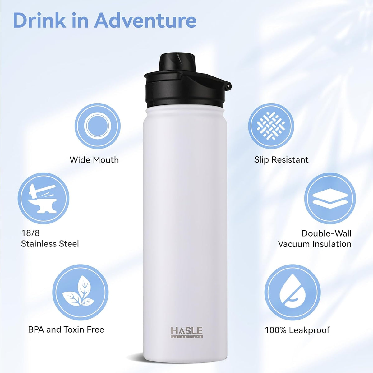 HASLE OUTFITTERS Insulated Water Bottle 22 oz Double Wall Stainless Steel Water Bottle Wide Mouth with Straw Lid & Spout Lid Keeps Cold or Hot(White,8)