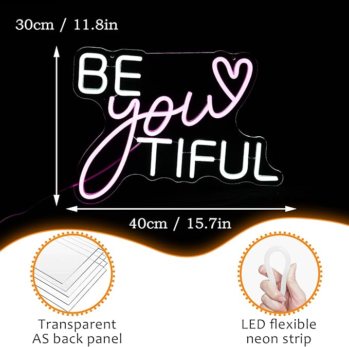 Be Your Tiful Neon Sign Dimmable Letter Neon Signs White Pink Wall Decorative Lights Powered USB with Switch for Bedroom Kid Room Shop Apartment Birthday Party Wedding （15.7’’X11.8’’）
