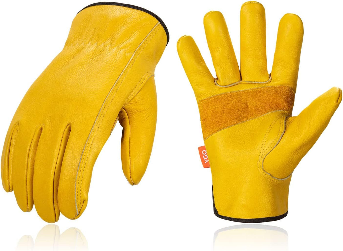 Vgo... 1-Pair Unlined Cow Grain Leather Work and Driver Gloves with Cow Split Leather Palm Patch (Size S, Gold,CA9590)