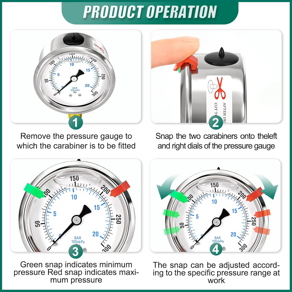 0-300psi Stainless Steel 1/4" NPT 2.5" Dial, Glycerin Liquid Filled Pressure Gauge Lower Mount Designed for Pressure Testing of Water, Oil and Air (with Range Mark Pointer)