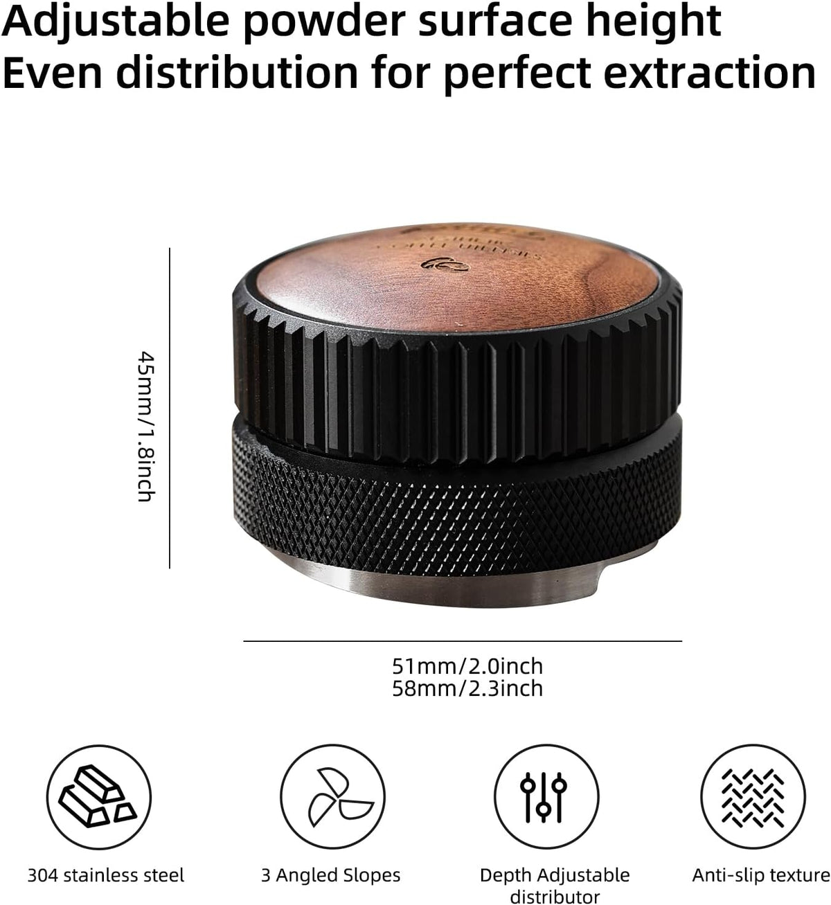 Bincoo 58mm Espresso Distributor Hand Tamper - Adjustable Coffee Leveler Tool for 58mm Portafilter, Walnut Wood Lid, 3-Slope Base Adjustable Depth Espresso Distributor for Barista(58MM Black)
