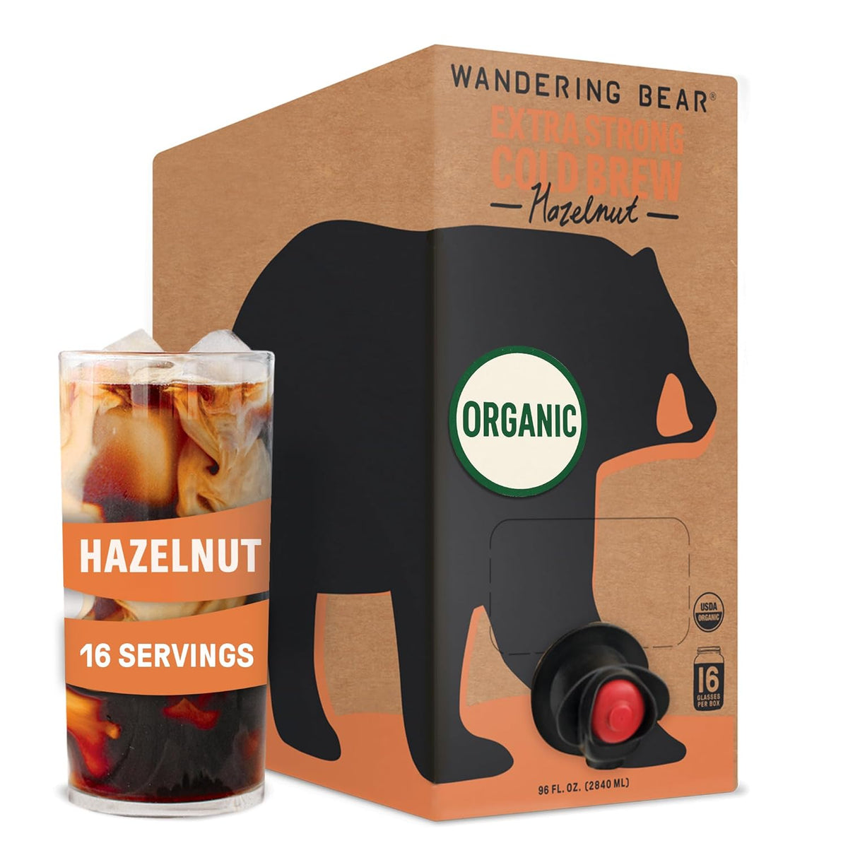 Wandering Bear Organic Hazelnut Cold Brew Coffee On Tap, 96 fl oz - Extra Strong, Bold, Smooth, Unsweetened, Shelf-Stable, Ready to Drink, Gluten Free, & Vegan, Iced Cold Brewed Coffee Drinks