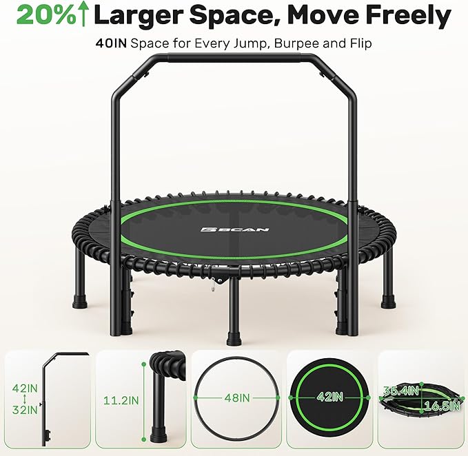 BCAN 40"/48" Rebounder Trampoline for Adult, 450/550LBS Fitness Trampoline with Bungees, Adjustable Handle, Stable & Quiet, Indoor Outdoor, Whole-Body Workout & Relaxation at Home for Women/Men