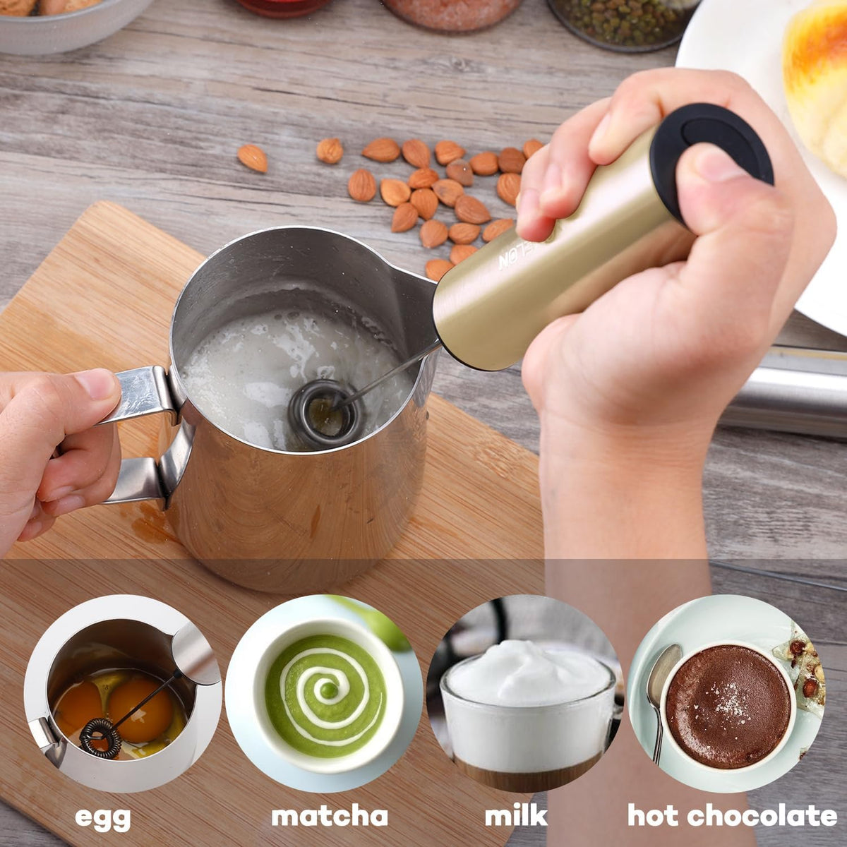 Rechargeable Milk Frother Handheld Electric Frother Wand Milk Foamer Drink Mixer for Coffee, Lattes, Cappuccino, and Egg, Stainless Steel for Travel-Beige