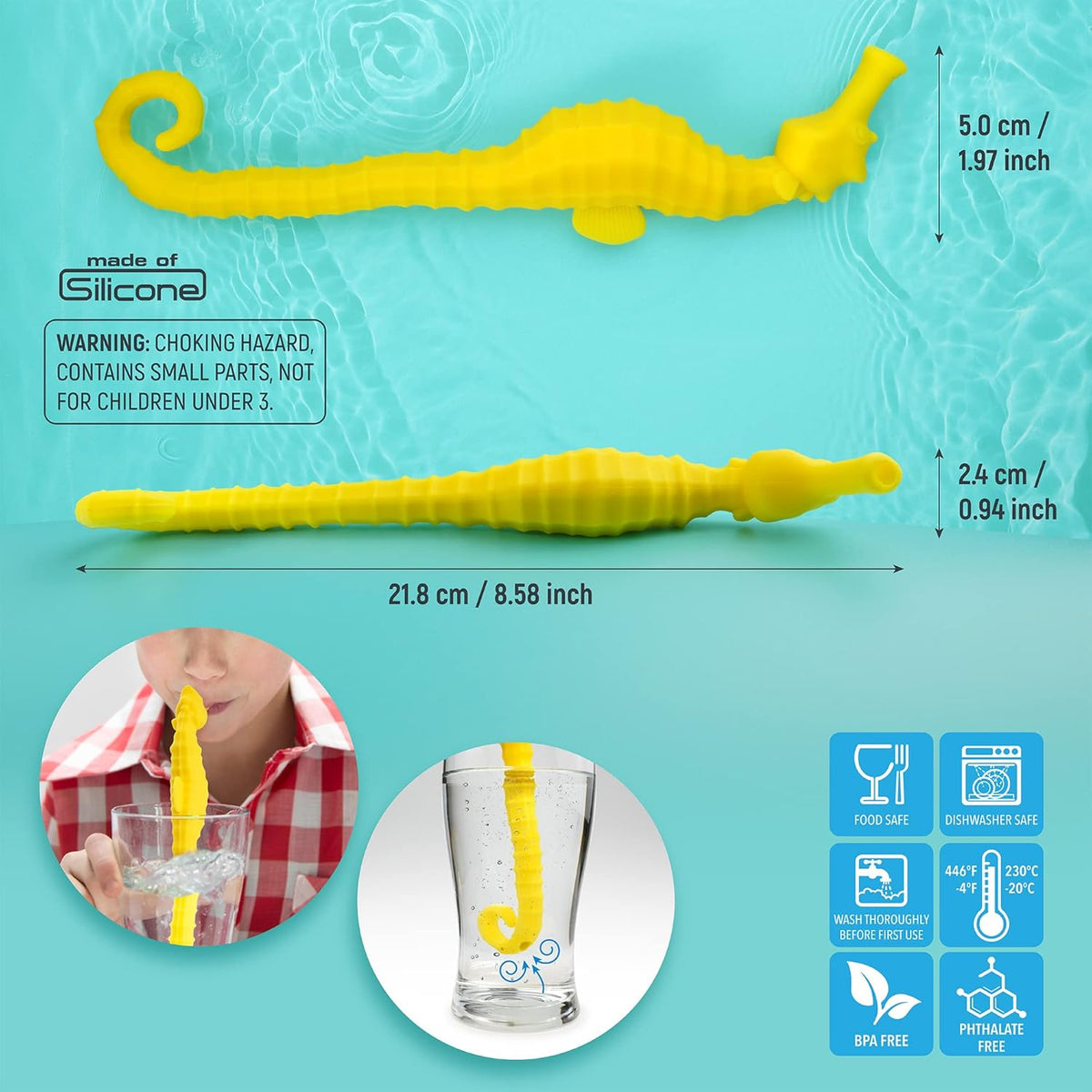 Hoobbe Silicone Reusable Animal Straw for kids, Fun and cute for Pool Side Party, Birthday Party, Under the Sea Party, BPA Free, Dust-Proof and Dishwasher Safe (Seahorse), 1 straw per pack