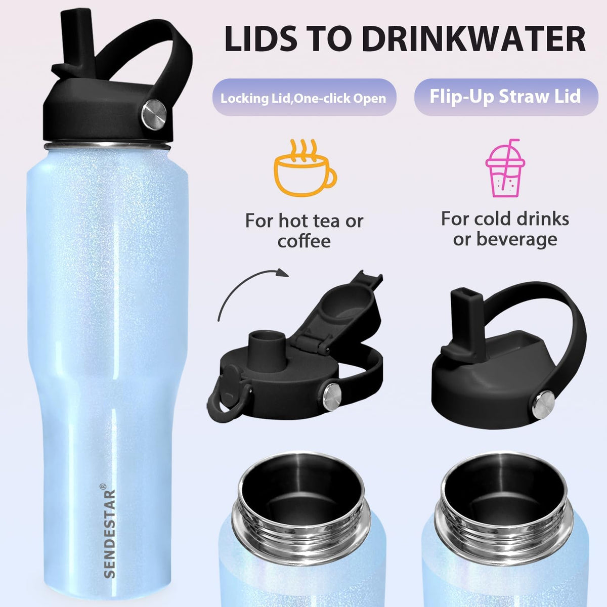 SENDESTAR 32oz Stainless Steel Water Bottle(Cold for 48 Hrs, Hot for 24 Hrs),Double Wall Vacuum Insulated Bottle with Straw Lid, Spout Lid and Flex Cap, Fit in Any Car Cup Holder TXIN-32-Laser Blue