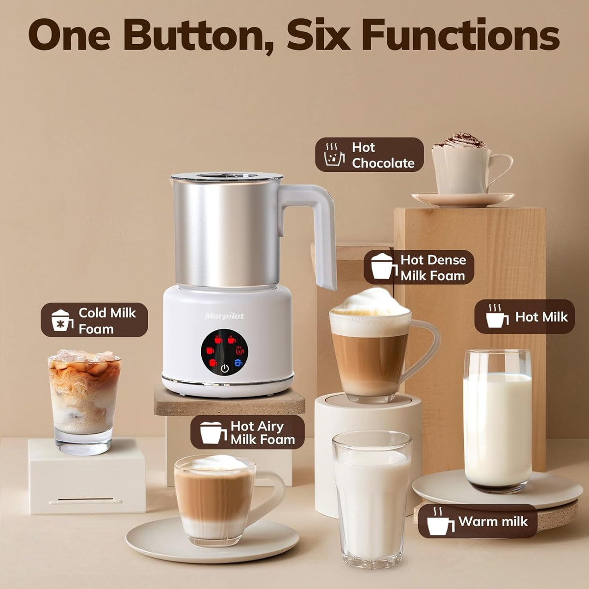 Large Electric Milk Frother and Steamer, 16.9oz/500ml Milk Steamer and Frother for Latte or Hot Chocolate, Dishwasher Safe, 6 Functions, Enjoy Perfect Milk Froth in 2 Min (White-Stainless Steel)