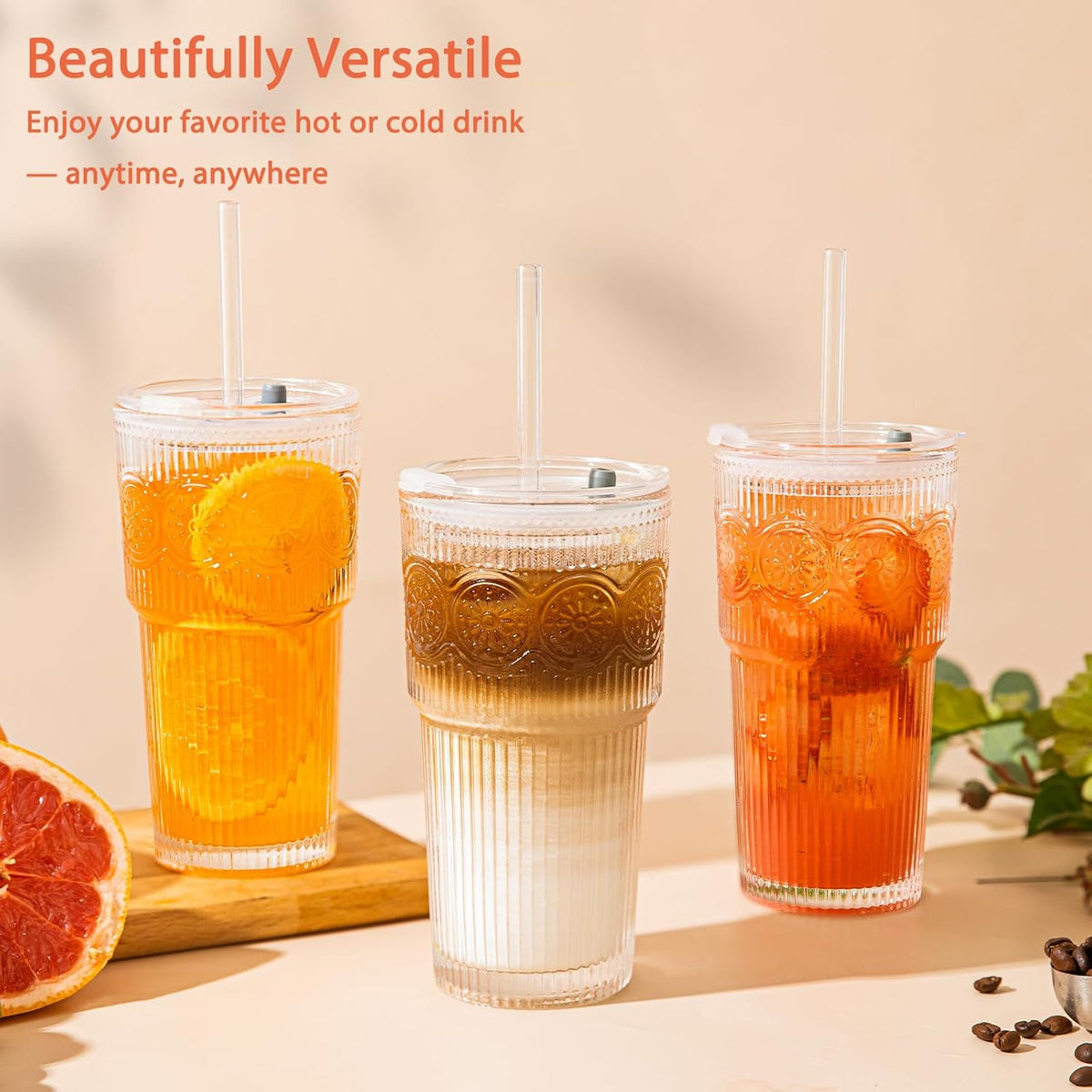 20oz Ribbed & Floral Glass Tumbler Set of 2 – Reusable Glass Cups with Lid and Glass Straw, To-Go Iced Coffee Cups for Water, Smoothie, Milk, Cocktail & More – Perfect for Daily Use & Travel