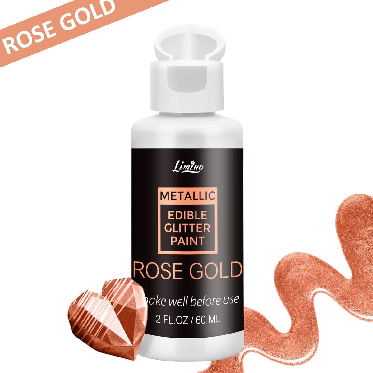 Edible Glitter Paint - 2 fl.oz Food Grade Metallic Glitter Cake Paint for Cake Decorating, Baking, Cupcakes - Shimmer Art Decorative Liquid Edible Paint Food Coloring for Fondant, Donuts (Rose Gold)