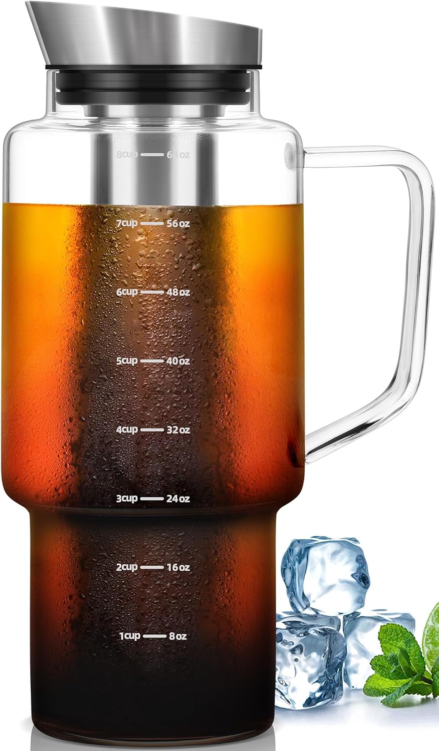 Aquach 68oz Cold Brew Coffee Tea Maker, Glass Pitcher & Stainless Steel Filter, Dishwasher Safe Iced Coffee Tea Maker with Airtight Lid and Large Handle