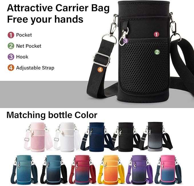32 oz Insulated Water Bottle | Thickened Stainless Steel Vacuum Metal | Portable Sports Water Jug for Gym and Hiking with Straw, Carrier Bag, Handle Strap | BPA-Free 32 oz, Black
