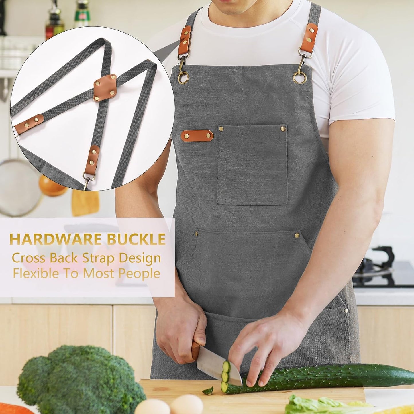 Canvas Aprons for Men Chef Apron, Work Apron with Large Pockets - 16oz Heavy Duty Cross Back, BBQ, Cooking