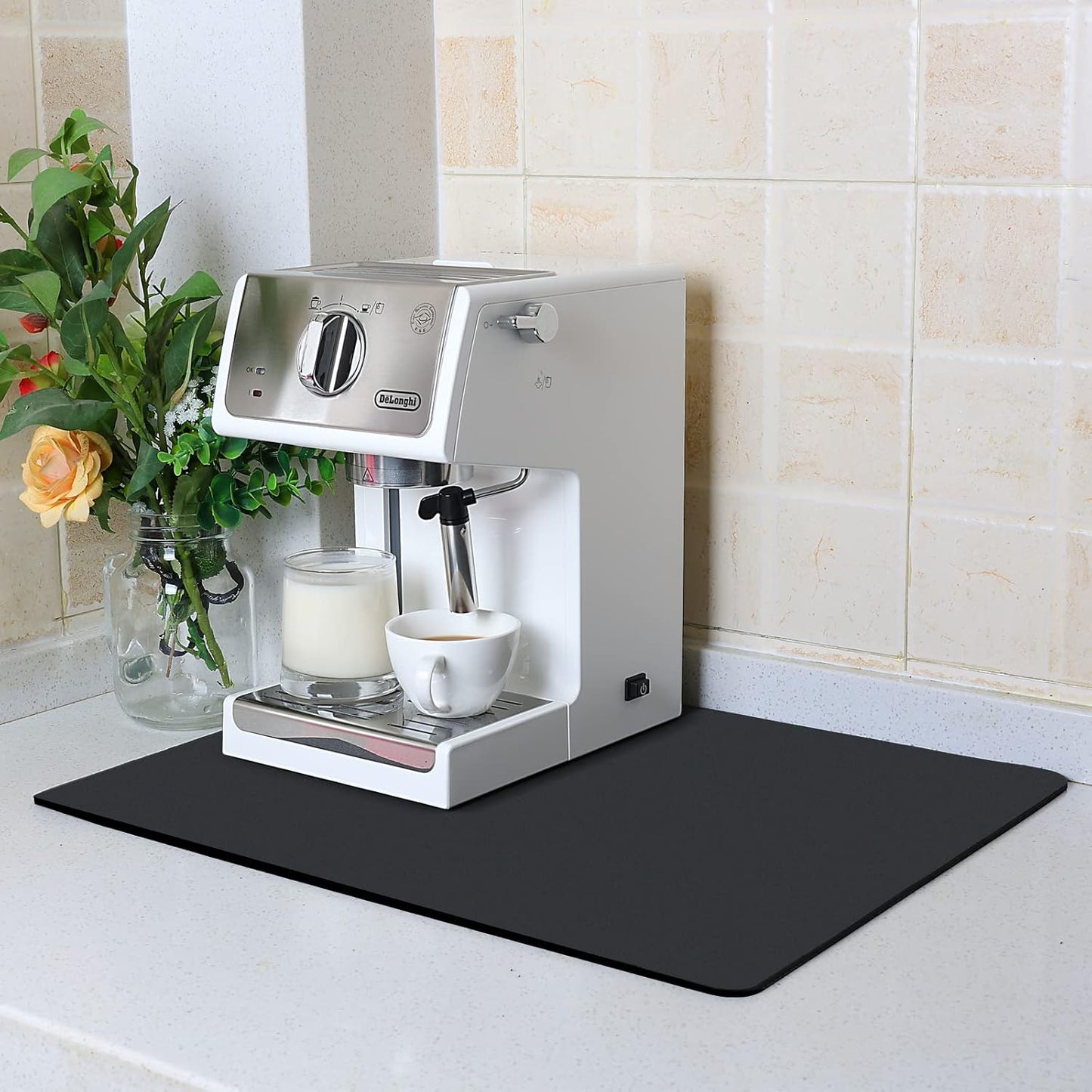 ZLR Coffee Mat - 16" x 20" Large Kitchen Hide Stain Absorbent Dish Drying Mat for Countertop - Easy to Clean Coffee Bar Mat for Espresso Machine and Spill Protection - Black