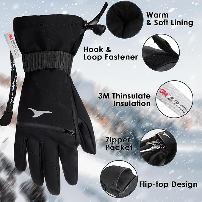 Achiou Ski Gloves,Winter Cold Weather Gloves for Men Women,Waterproof Touchscreen Snow Mittens